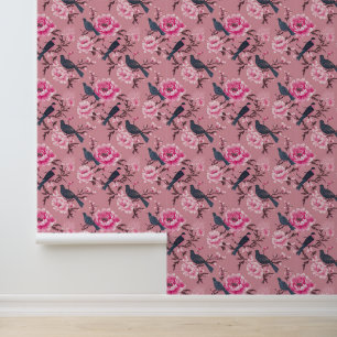 Papier Peint Peau et bâton floral rose Chinoiserie