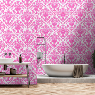 Papier Peint Peau et bâtonnet de fleurs Damas rose et blanc