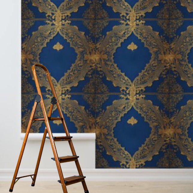 Papier Peint Peel and Stick Design d'inspiration indienne Blue  (Peel and Stick Indian inspired design Blue Gold Wallpaper)