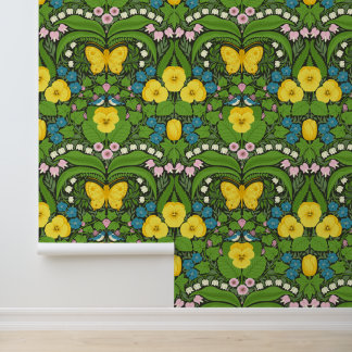 Papier Peint Pensées jaunes, oiseaux et papillons