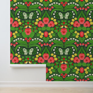 Papier Peint Pensées rouges, oiseaux et papillons