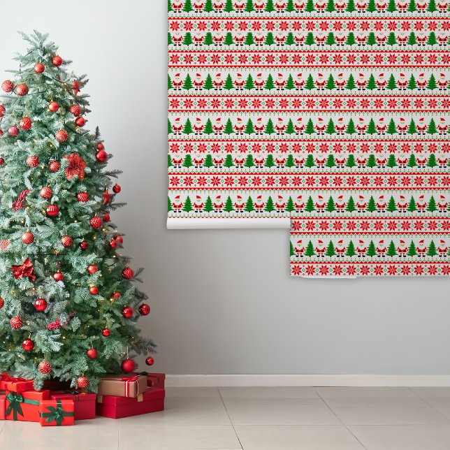Papier peint père Noël Festive Stripes ( Santa Christmas wallpaper, holiday cheer decor, playful festive wall design, Christmas tree pattern)