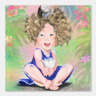 Papier Peint Petite fille et bébé oiseau drôle