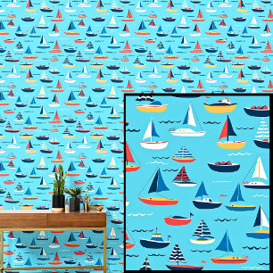 Papier Peint Petits bateaux à voile en mer, Nautique Aqua Blue