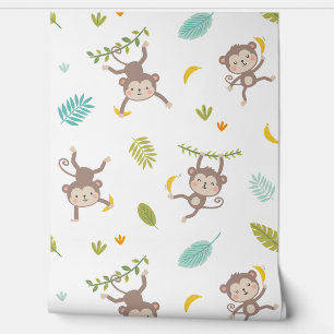 Papier Peint Petits singes mignons avec bananes et feuilles de