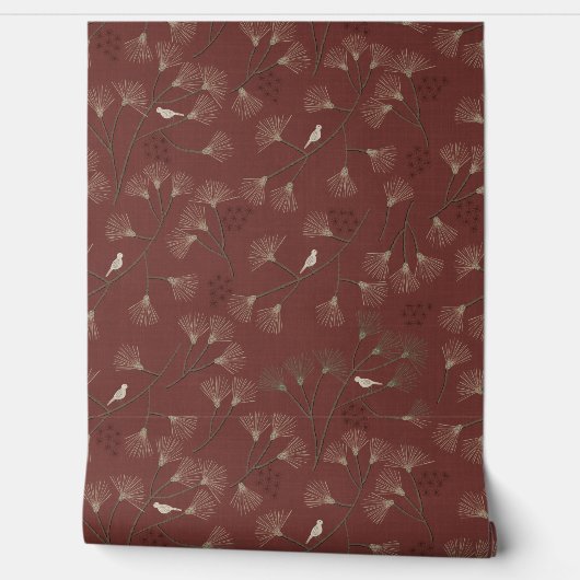 Papier Peint Pine Tree and Bird Pattern on Ruby Red (Déroulement)