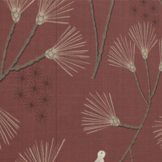 Papier Peint Pine Tree and Bird Pattern on Ruby Red (Couture)