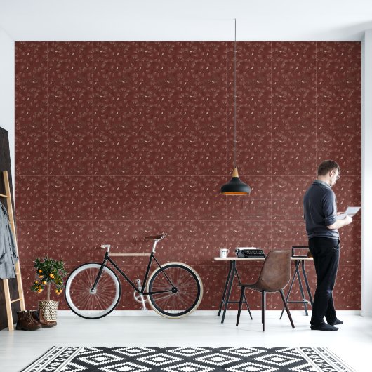 Papier Peint Pine Tree and Bird Pattern on Ruby Red (Salon)