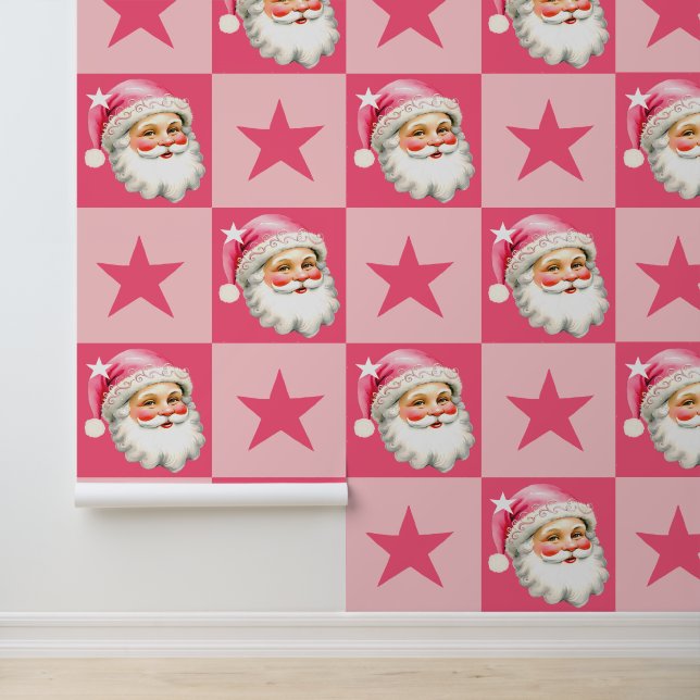 Papier Peint Pink Retro Santa Claus Pink Tartan Plaid Noël (Application)