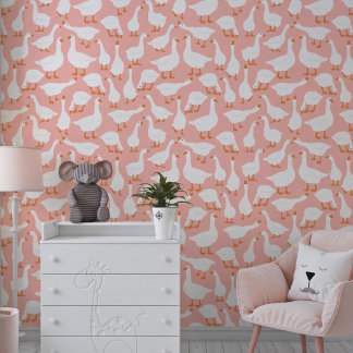Papier Peint Pink White Fun Geese Seamless Pattern