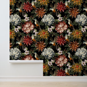 Papier Peint Pivoines Roses Oiseaux Floral Foncé Vintage Aquare