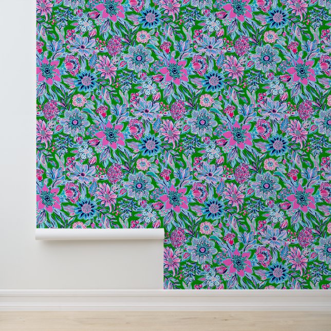 Papier Peint Plage de Palm Preppy Rose & Fleurs vertes (Application)