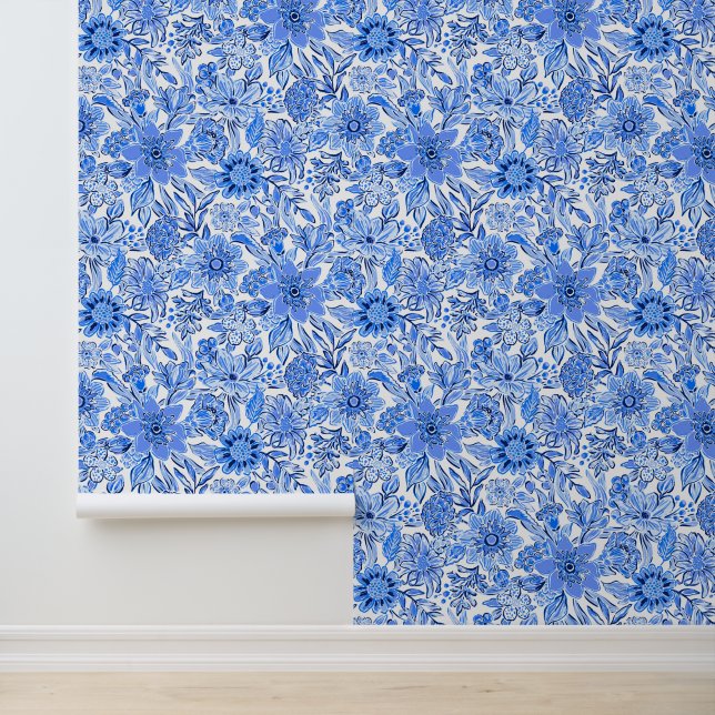 Papier Peint Plage de Preppy Palm Bleu & Fleurs blanches (Application)