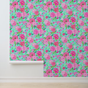 Papier Peint Plage de Preppy Palm Rose & Aqua Fleurs