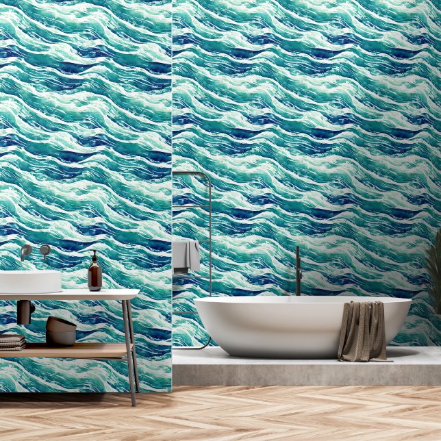 Papier Peint Plage motif sans coutures des vagues (Salle de bain)