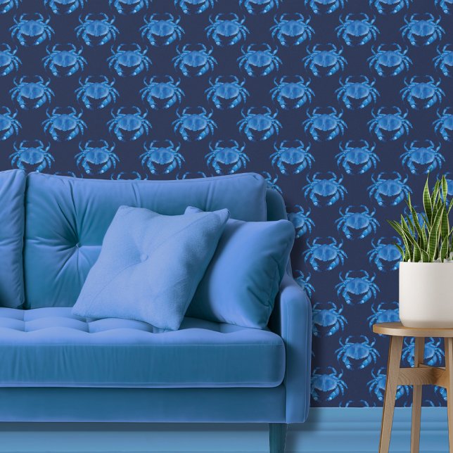 Papier Peint Plage nautique de crabe bleu foncé (Blue crab coastal chic wallpaper)