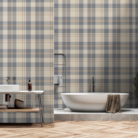 Papier Peint Plaid à la mode dans Cream and Slate Blue (Salle de bain)