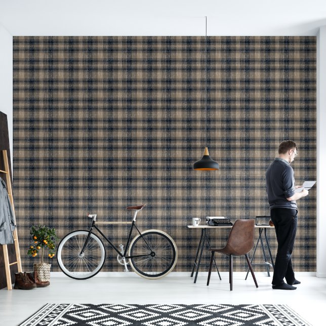 Papier Peint Plaid Check Crackle Texture Beige Et Taupe (Salon)