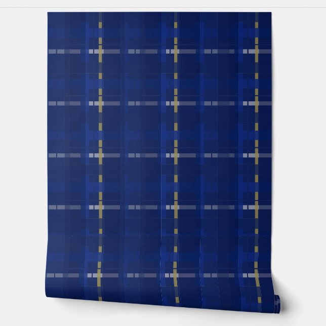 Papier Peint plaid en bleu sur blues, or & argent (Déroulement)