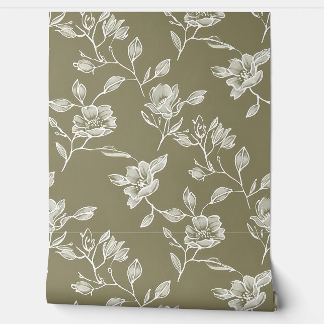 Papier Peint Plan floral blanc sur vert olive (Déroulement)