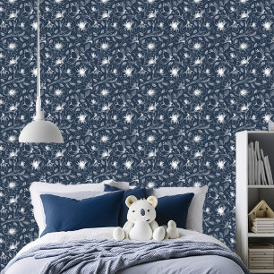Papier Peint Plan floral esquissé Motif Wht/Navy ID939