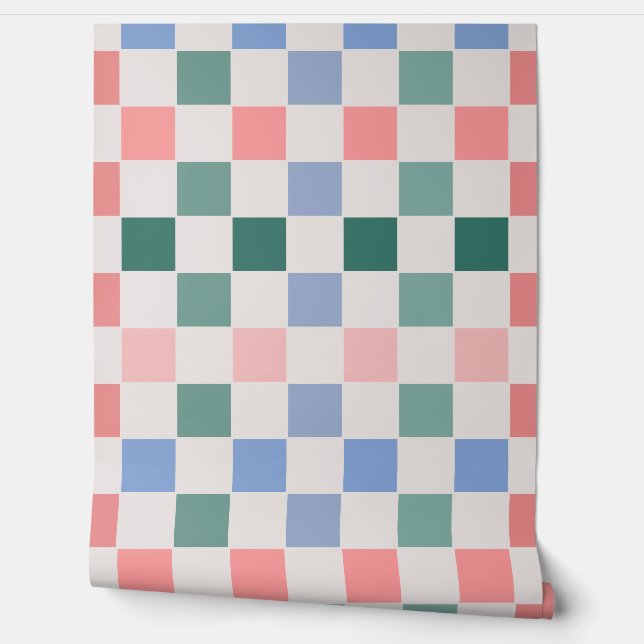 Papier Peint Plaqué Retro Checkerboard (rose, vert, bleu) (Déroulement)