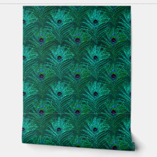 Papier Peint Plume de Paon Vert Pelable et Collable