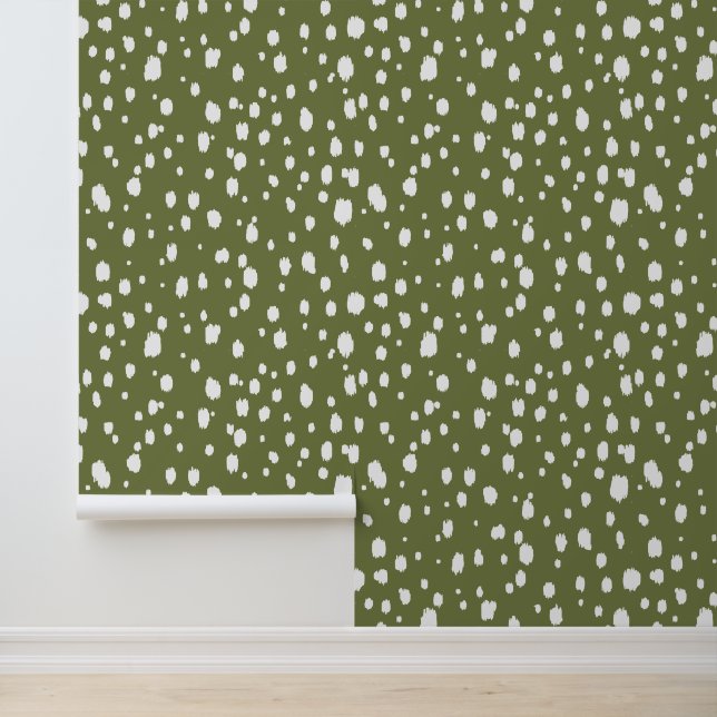 Papier Peint Points abstraits verts olive et blancs (Application)