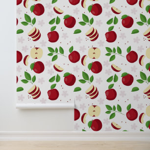 Papier Peint Pommes rouges, fleurs et Motif de verdure