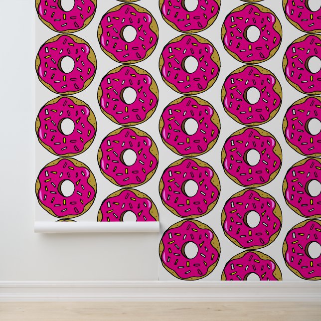 Papier Peint Popart Bright Pink Donuts Nourriture Motif Cuisine (Application)