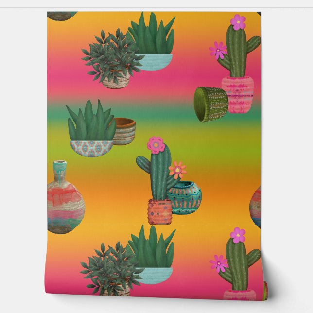 Papier Peint Pots Fleurs de Cactus Sud-Ouest Ombre Beauté (Déroulement)
