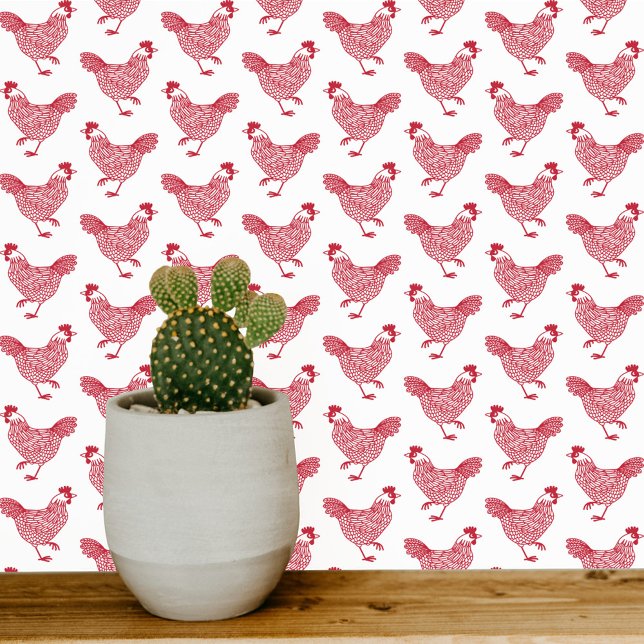 Papier Peint Poulet Hen Farm Pays Rouge Blanc (Chicken Hen red and white farmhouse wallpaper)