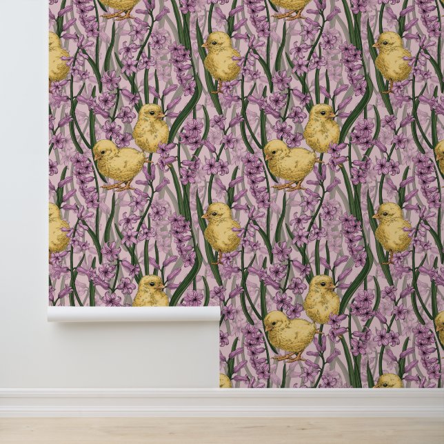 Papier Peint Poulets et hyacinthes roses (Application)