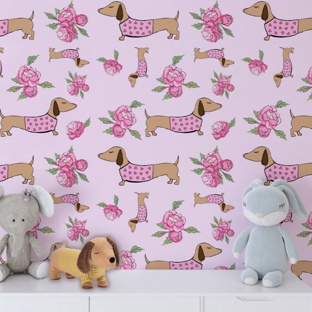 Papier Peint Pouponnière rose et florale (pink wiener dog wallpaper )
