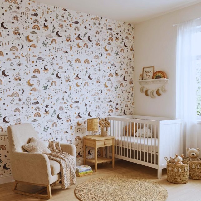 Papier peint pour nurserie céleste boho | Lune et  (Trendy boho nursery wallpaper. Creative starry sky & rainbow peel & stick wall decor!)