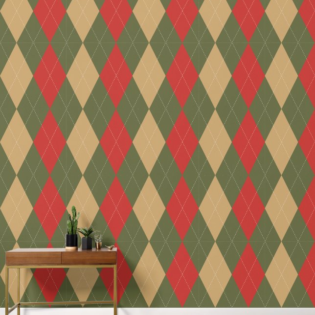 Papier Peint Préclassique Argyle Vert Armée, Rouge de Grange &  (Couloir)