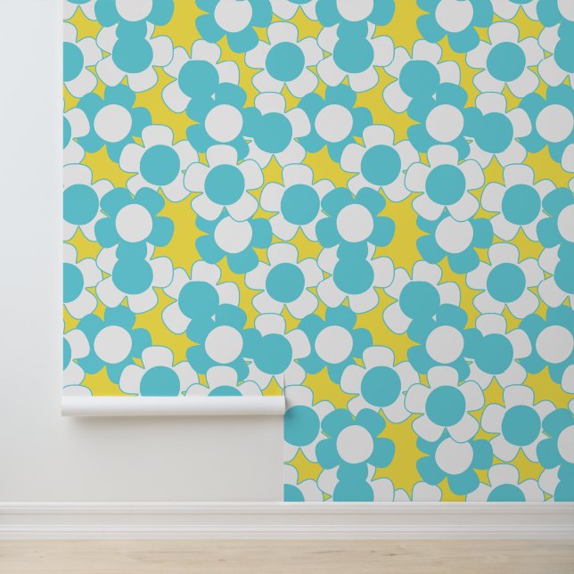 Papier Peint Préparé Fleur de Daisy Partout – Jaune & Turquoise (Application)