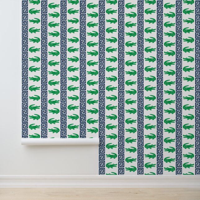 Papier Peint Preppy Alligator Greek Key Stripe - Navy & Green (Application)