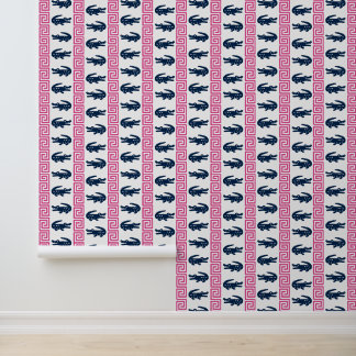 Papier Peint Preppy Alligator Greek Key Stripe  Navy & Hot Pink