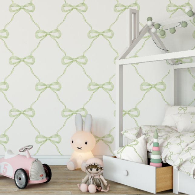 Papier Peint Preppy Green Bow Grandmillennial Style (Matching wallpaper, duvet cover and pillow)