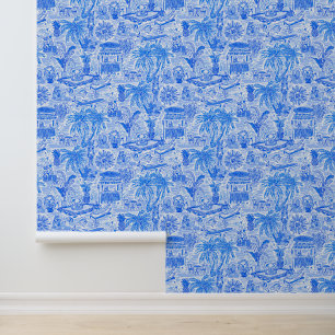 Papier Peint Preppy Palm Beach Bleu & Blanc Vacances Animaux
