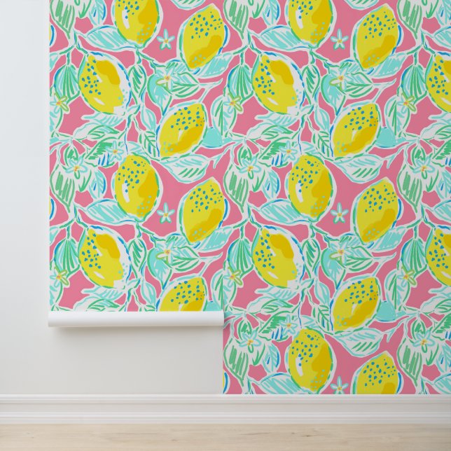 Papier Peint Preppy Palm Beach Citrons rose et jaune (Application)