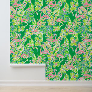 Papier Peint Preppy Palm Beach Flamants roses rose et vert