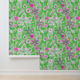 Papier Peint Preppy Palm Beach Giraffes de jungle rose et verte