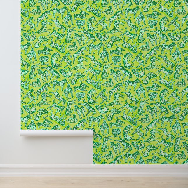 Papier Peint Preppy Palm Beach Green Zebras (Application)