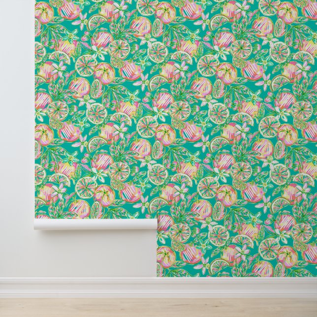 Papier Peint Preppy Palm Beach Oranges Turquoises et roses (Application)