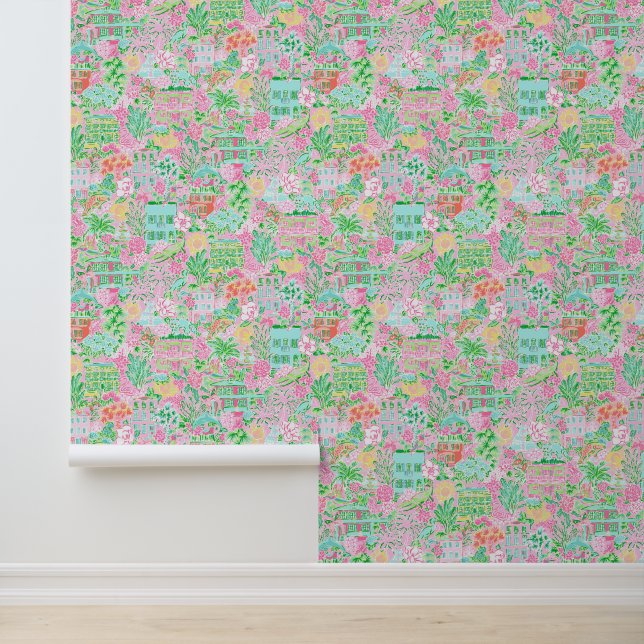 Papier Peint Preppy Palm Beach Rose & Green Charleston (Application)