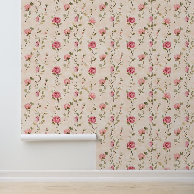 Papier Peint Pretty Pink Cream Roses Floral (Application)