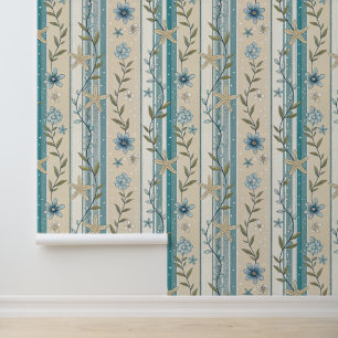 Papier Peint Rayure Florale Côtière Aqua Beige Élégance Design