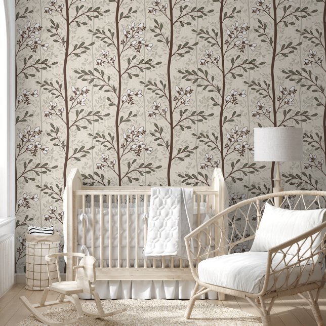 Papier Peint Rayure florale Japandi terreuse (Enfants)